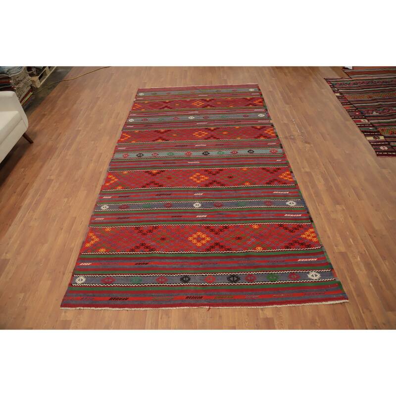 Hand Woven Oriental 100% Wool Carpet Southwestern Tribal Red Kilim Area Rug - 12' 0'' X 6' 5''