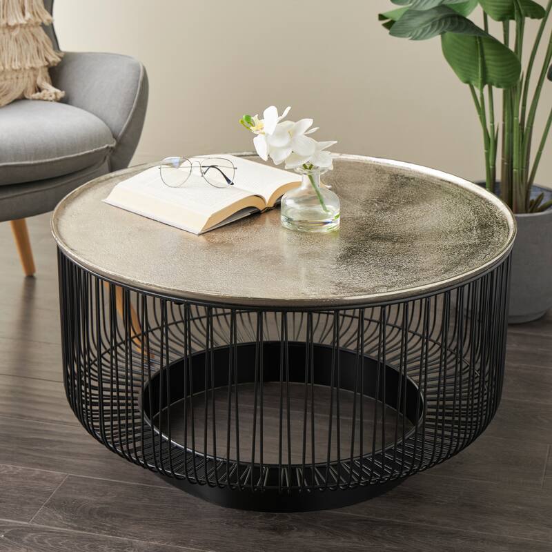 Black Aluminum Open Frame Wire Geometric Coffee Table with Silver Aluminum Top