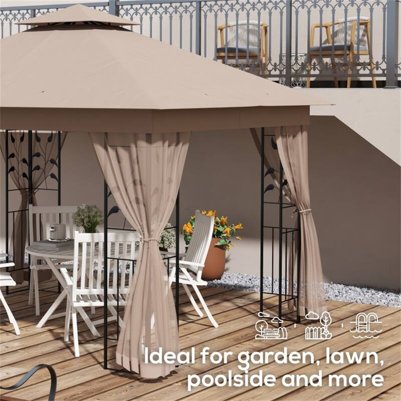 Brown Polyester Steel Mesh Gazebo Tent UV-Blocking Two-Tier Canopy