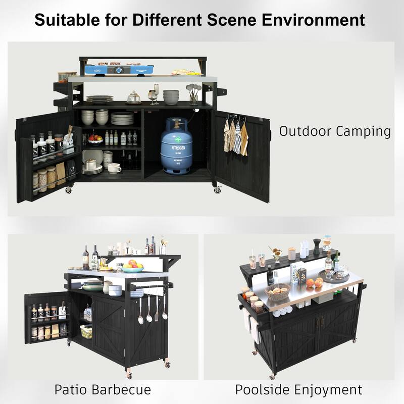 53.3" Outdoor Kitchen Island with Raised Shelf,Solid Wood Storage Cabinet with Stainless Steel Top(NO CHAIR) - N/A