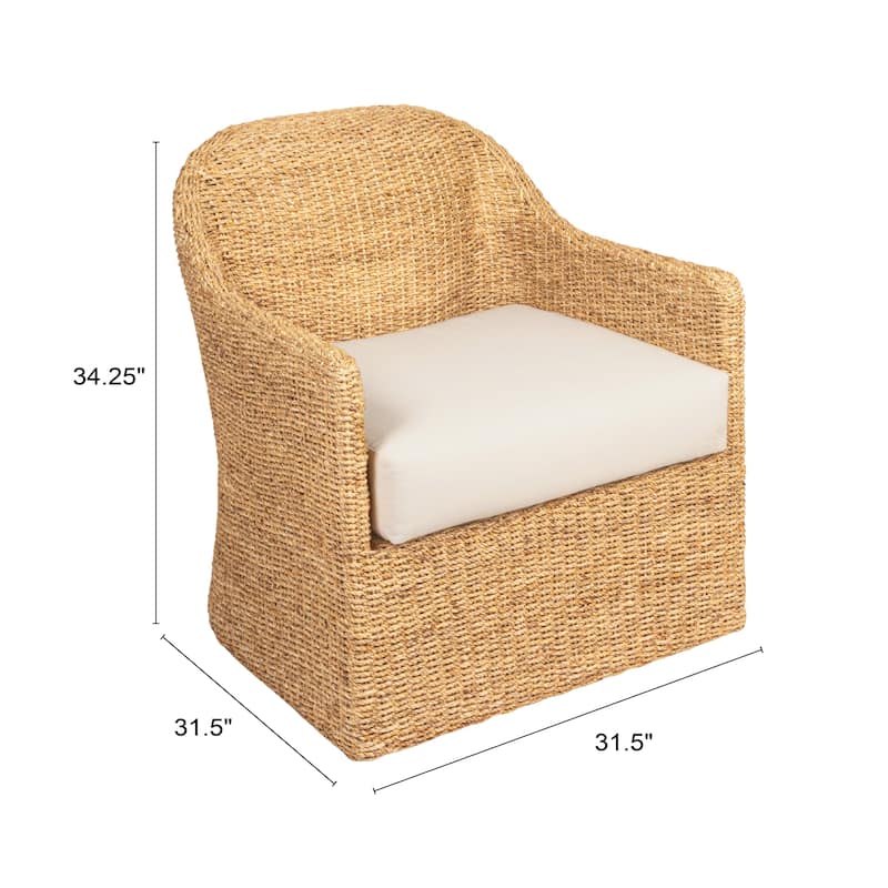 Woven Water Hyacinth and Acacia Wood Chair with Cushion - 31.5"L x 31.5"W x 34.3"H