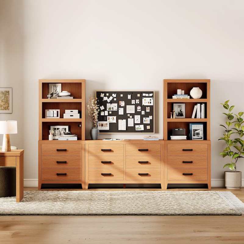 WAMPAT Farmhouse Entertainment Center with Bookshelves, Media Console & Storage Drawers