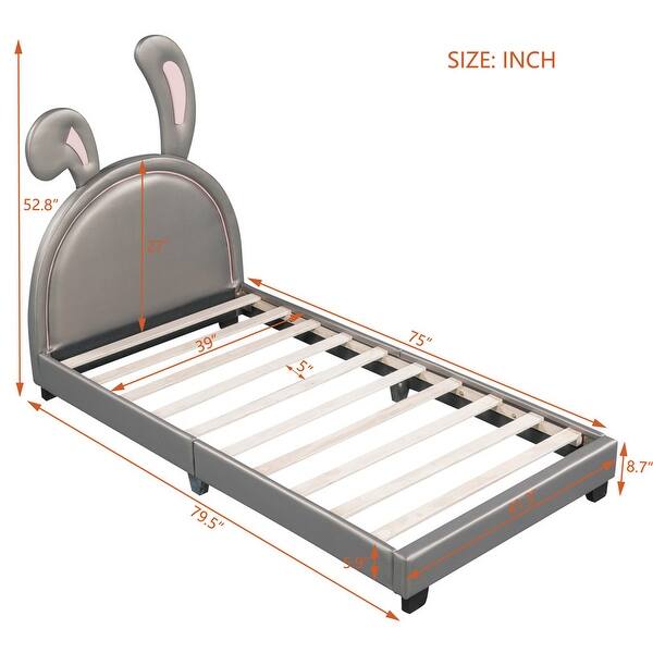 dimension image slide 1 of 5, Upholstered Leather Platform Bed with Rabbit Ornament,