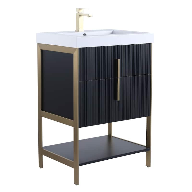 Fine Fixtures Serenity Modern Bathroom Vanity with White Gel Acrylic Top - Black Matte - Brass Hardware - 24 inch