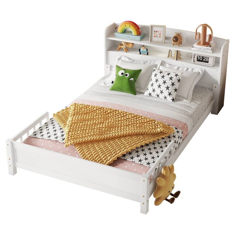 Full Pine Wood Bed with Bookcase Headboard, LED Motion Sensor Light & Bed Guardrails in White