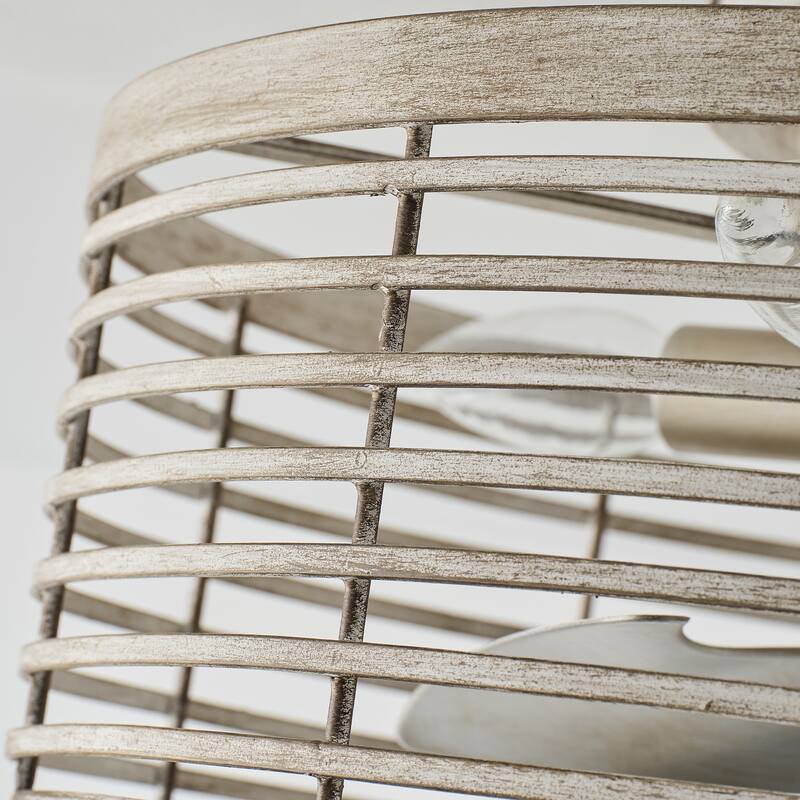 18" Antique White Caged 4-Light Low-Profile Flush Mount Ceiling Fan with Remote