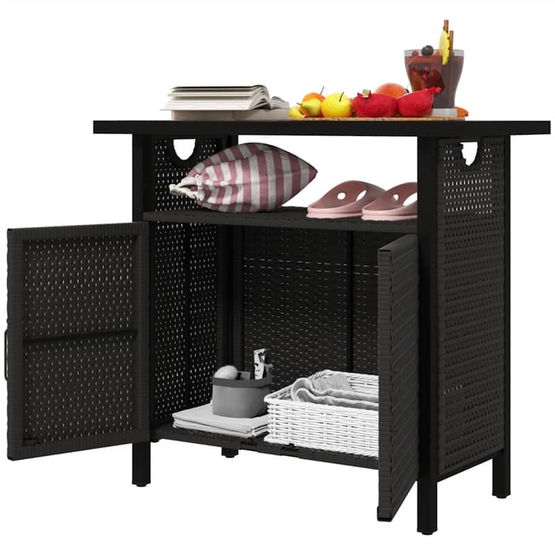 PE Rattan Outdoor Storage Cabinet with Steel Frame and Shelf - 35.4" W x 19.7" D x 35.4" H - Espresso