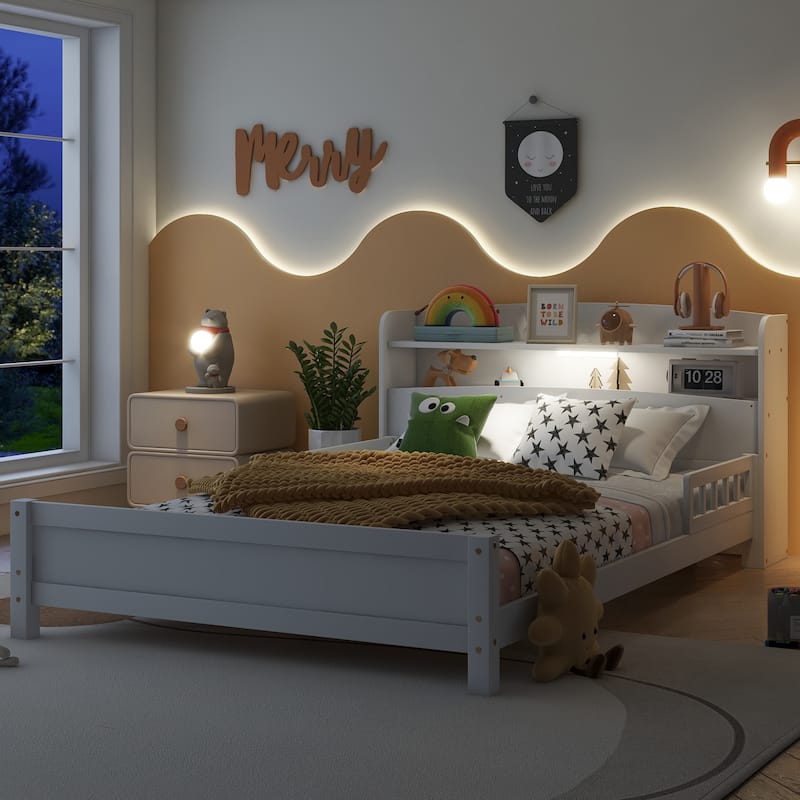 Full Pine Wood Bed with Bookcase Headboard, LED Motion Sensor Light & Bed Guardrails in White