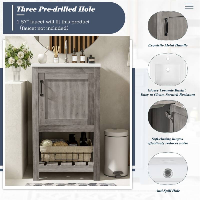 16 Inch Bathroom Vanity with Rectangular Sink, Grey Storage Cabinet with Door and Shelf, Ideal for Small Bathrooms