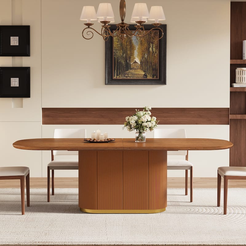 86.8" Oval Mid-Century Modern Dining Table (Seats 8-10), Brown Solid Wood Veneer Kitchen Table with Built-in Storage