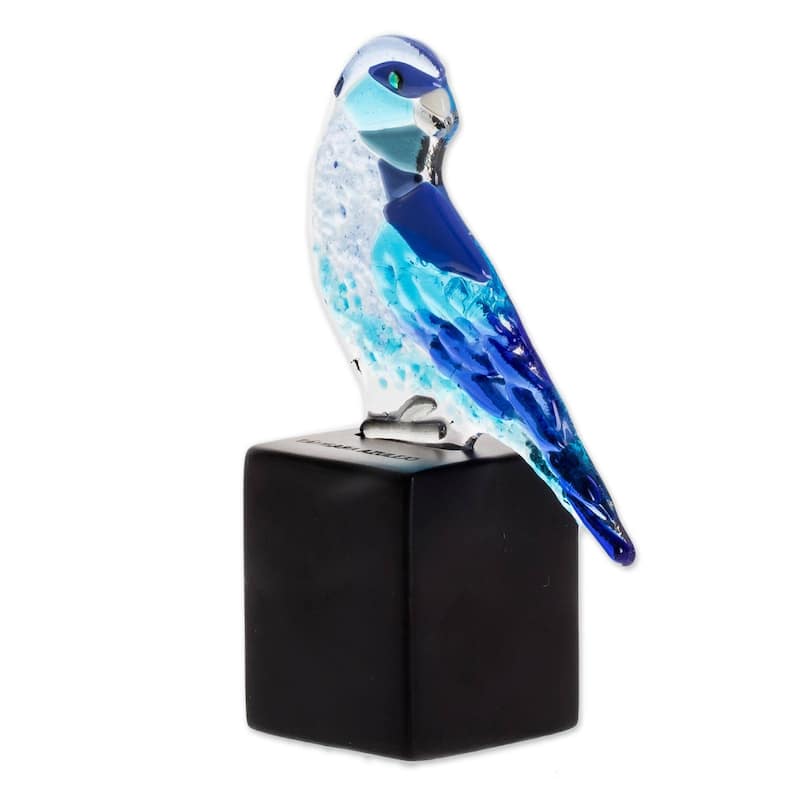 Handmade Blue-Grey Tanager Art Glass Sculpture (El Salvador) - 5.5" H x 3.1" W x 2" D