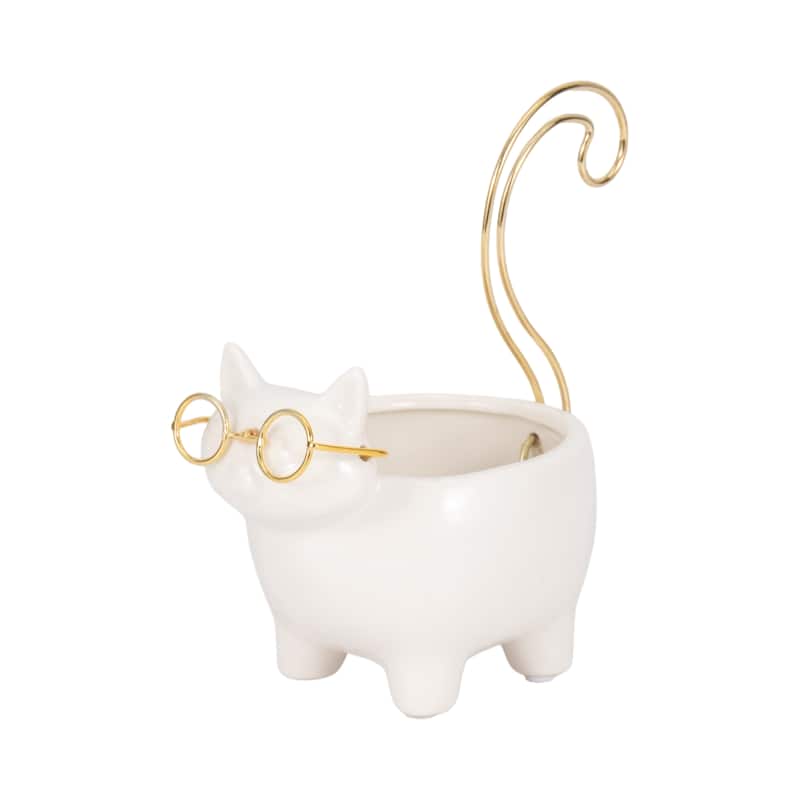 Sagebrook House Kitty Trinket Tray, White and Gold Ceramic Jewelry Holder/Organizer for Bathroom, Nightstand, Decor - 6" x 3" x 6"