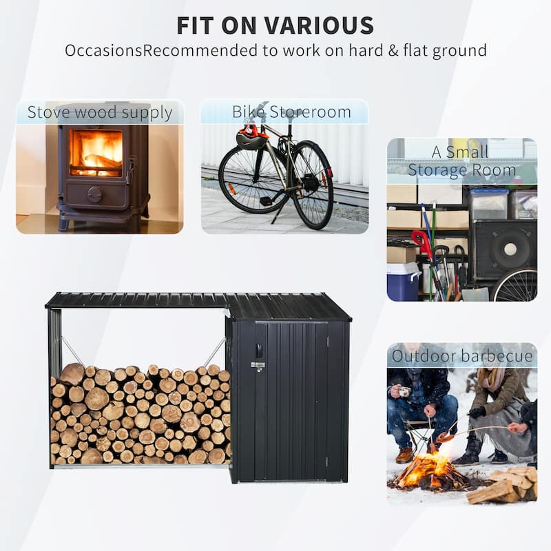 Outdoor Steel Firewood Rack and Metal Storage Shed,Two-In-One,Black