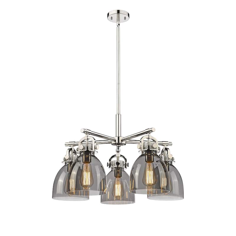 Innovations Lighting Newton Bell - 5 Light 7" Stem Hung Chandelier - Polished Nickel/Light Smoke