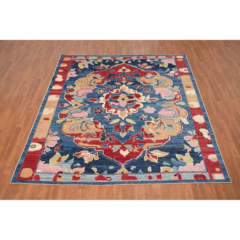 Hand Knotted Oriental 100% Wool Carpet Transitional Floral Navy Blue & Blues Oushak Area Rug - 8' 0'' X 7' 10''