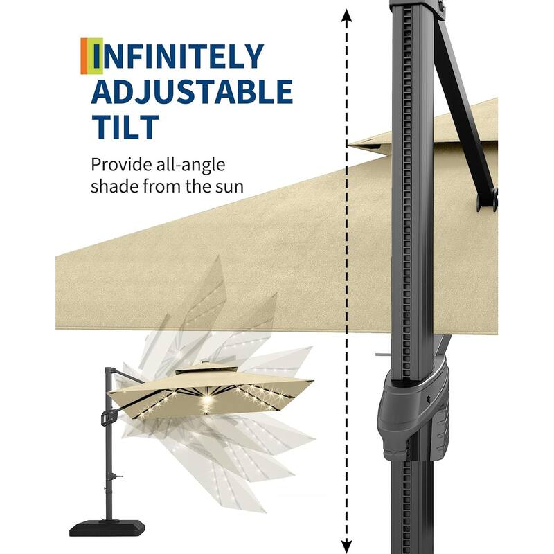 10x10Ft Square Solar LED Cantilever Umbrella , with Weighted Base