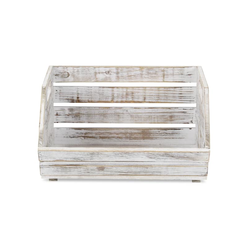 Gray Wash Slatted Wood Stackable Storage with Side Handles - L: 13" x W: 11.5" x H: 7" x FH: 3"