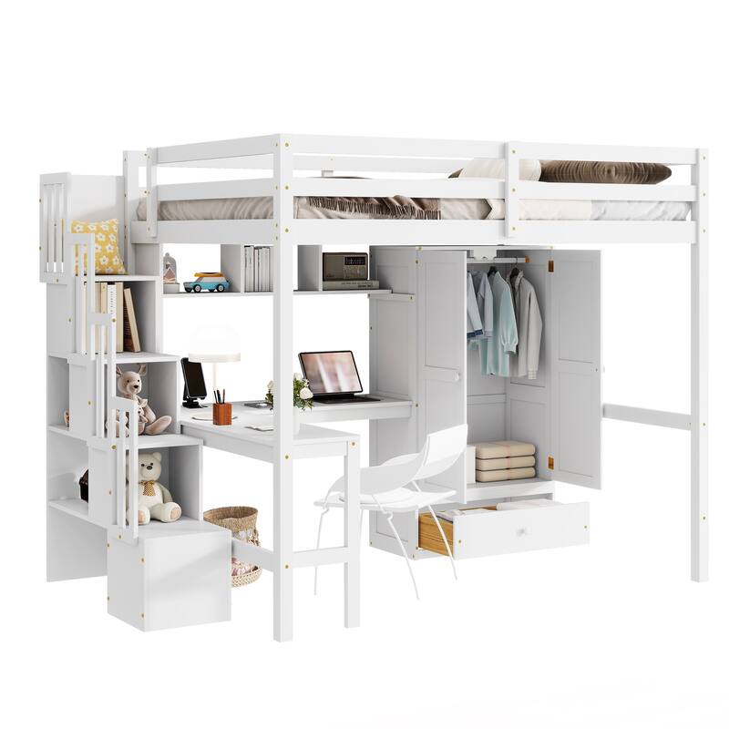 Full Size Wooden Loft Bed with Wardrobe, L-Shaped Desk, Bookshelves and Storage Staircase