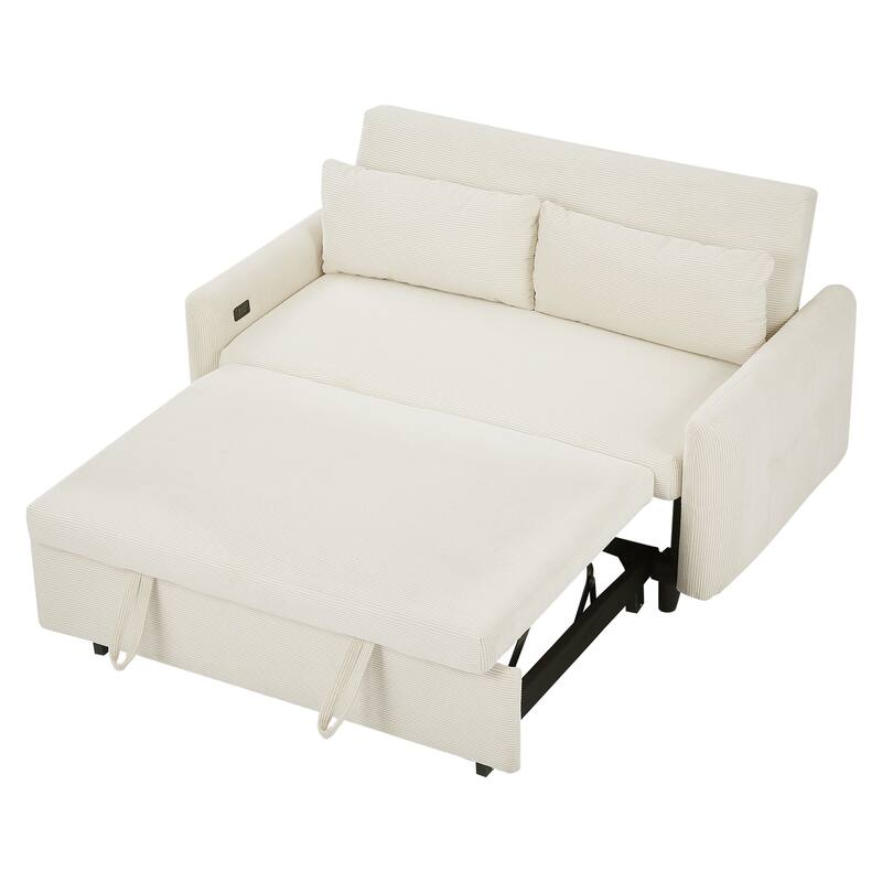 57.48" Corduroy Convertible Sofa Bed with Pull-Out Sleeper, Adjustable Backrest & USB