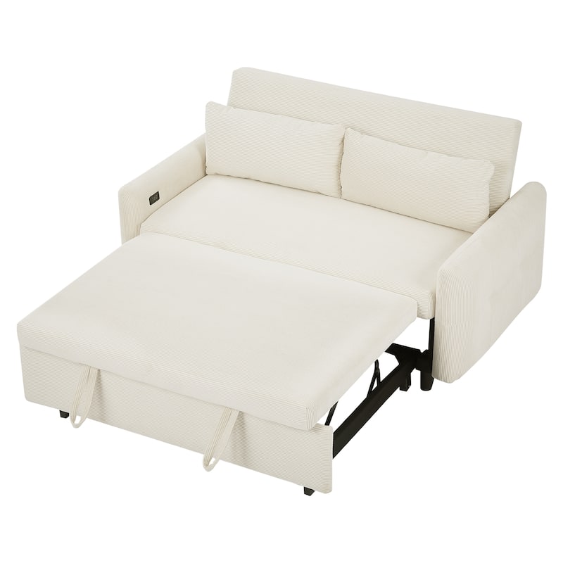 Pull Out Loveseat Sofa Convertible Sleeper LoveSeat Bed, Corduroy Recliner Sofa w2 Pillows & USB Ports 2-seat Armchair聽