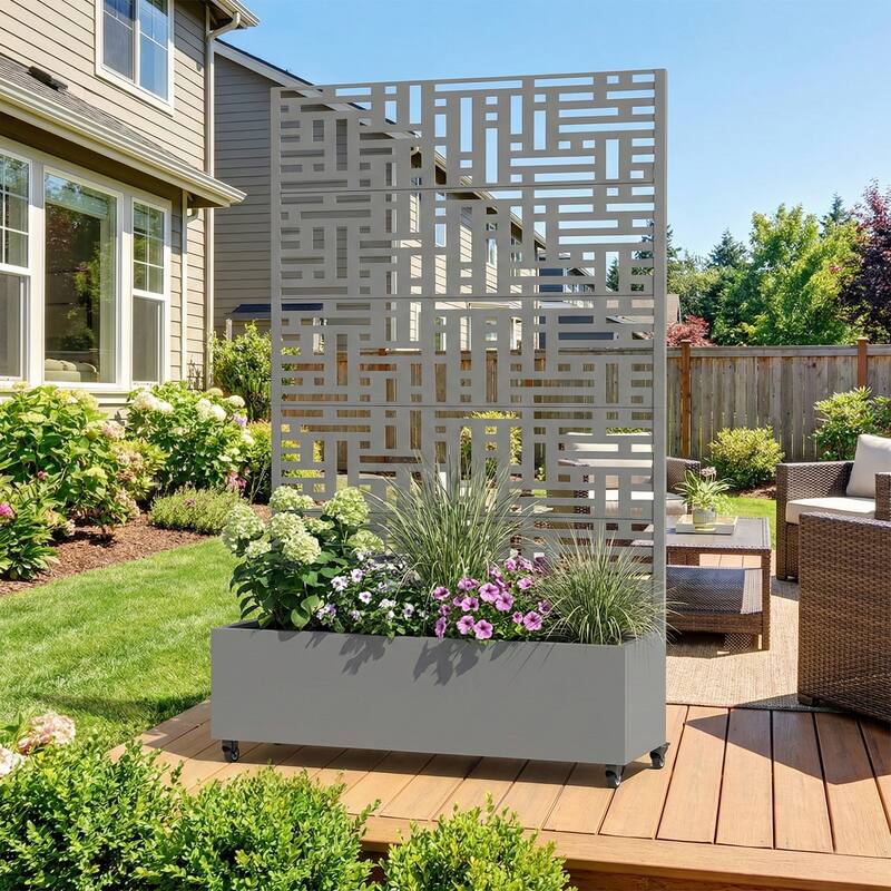 Metal Movable Planter Box with Trellis Privacy Screen Lockable Wheels