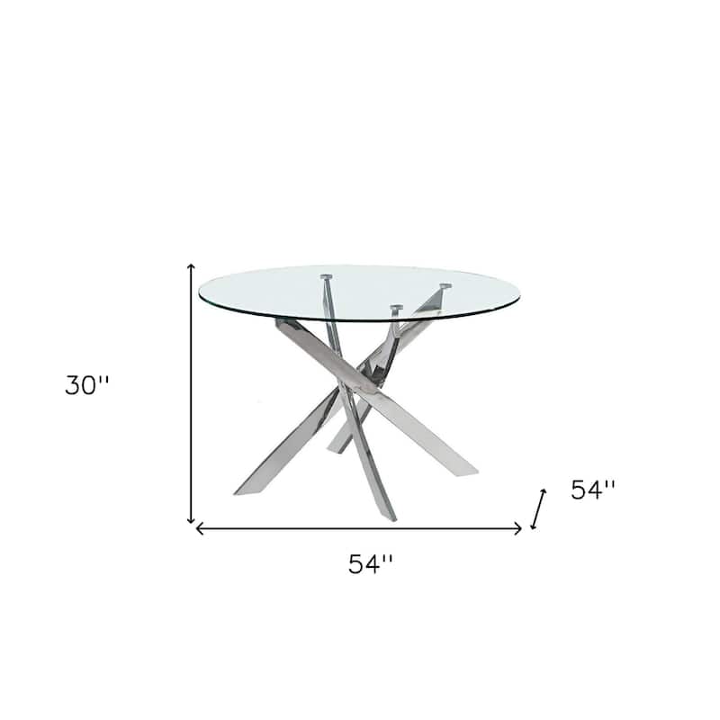 HomeRoots 54" Clear and Silver Glass and Metal Cross Leg Base Round Top Dining Table - 54.00 in. x 30.00 in. x 54.00 in.