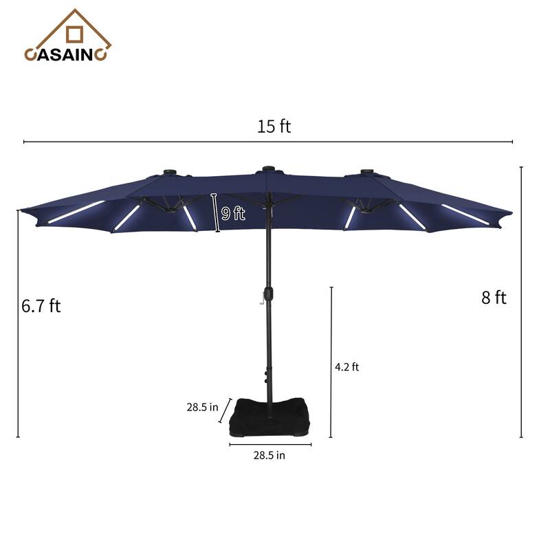 15 ft. Crank Double-sided Solar LED Ultra Lighted Outdoor Market Umbrella with Base Included