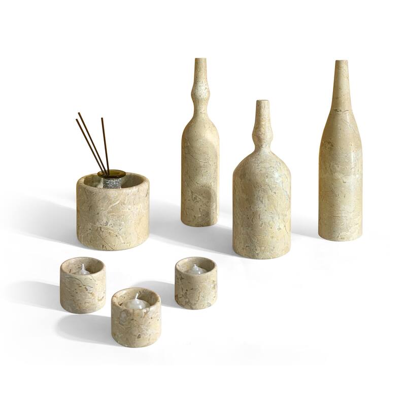 Roomfitters Natural Marble Living Room Accessories Set, Luxury 7-Piece Stone Decor Collection