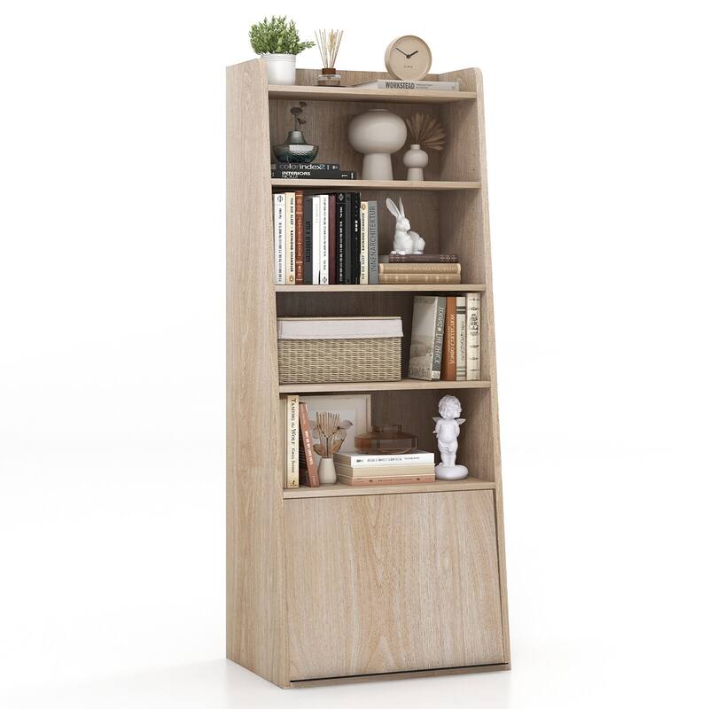 Gymax 6-tier Bookcase w/ 2 Adjustable Shelves Filp-up Door 5 Open - Natural