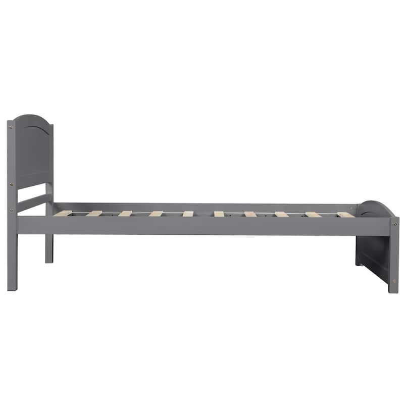 Wood Frame Platform Bed with Vertical Stripe Curved Headboard and Footboard, Panel Bed Slat Bed, Guest Room Furniture