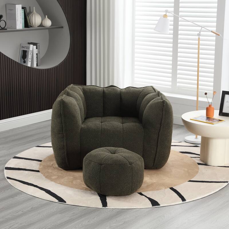 Extra-Large Chenille Bean Bag Chair with Footstool, Comfy Bean Bag Sofa for Adults, High Resilient Foam Square Lazy Sofa