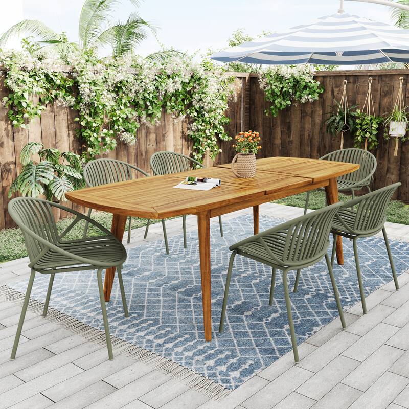 7-Piece Outdoor Expandable Dining Table Set, Modern Acacia Wood Table with 6 Stackable Chairs & Metal Frame for Patio, Backyard - Green,Teak