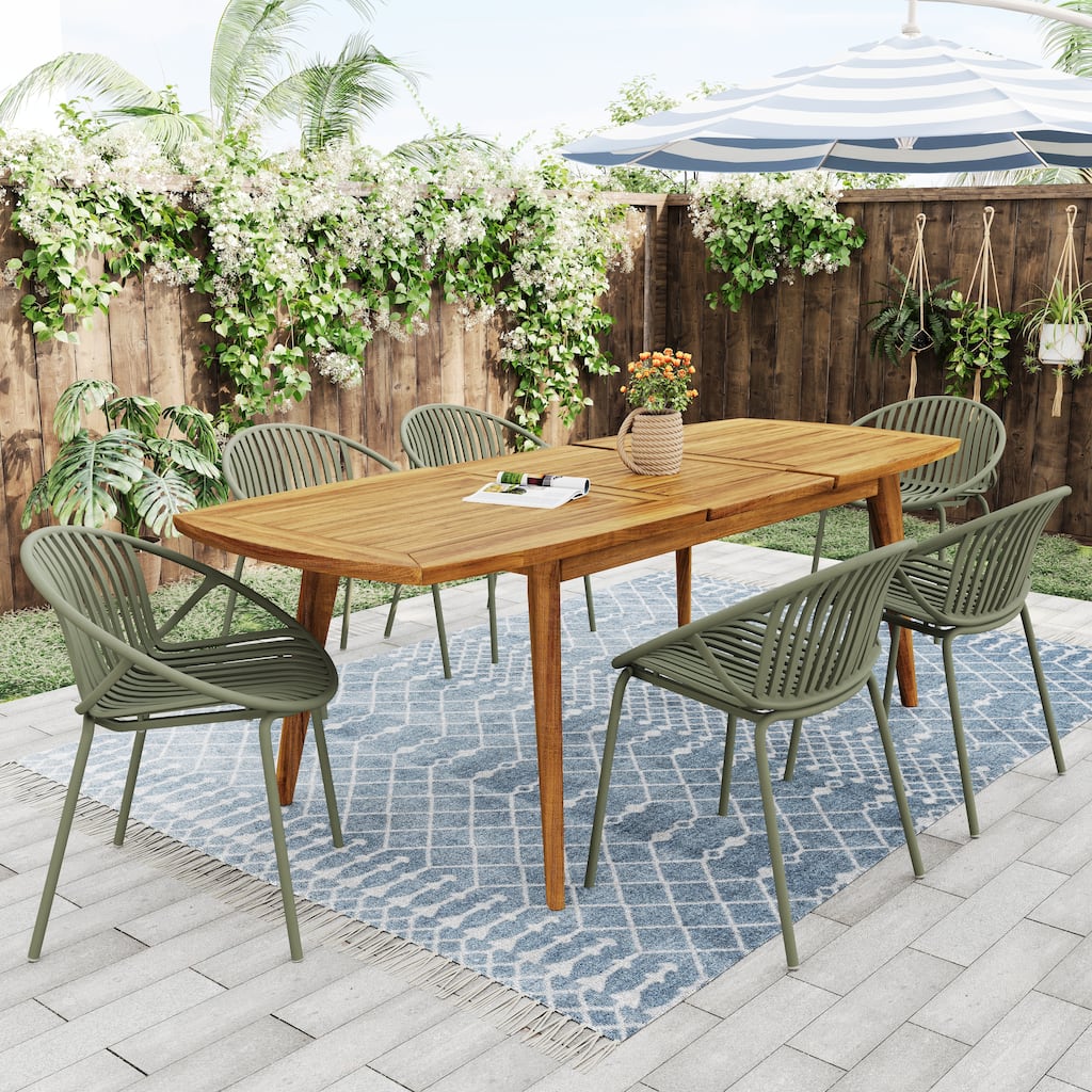 Roomfitters Outdoor Expandable Dining Set 7 Piece Acacia Wood Table Stackable Chairs