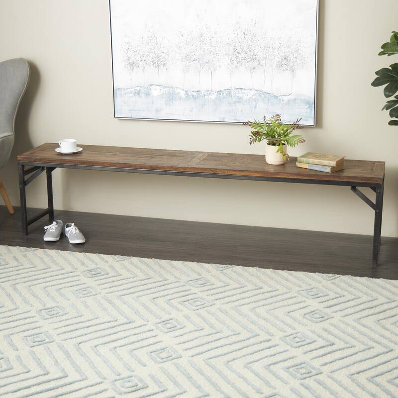 Dark Brown Teak Wood Long Home Bench with Black Metal Legs - Dark Brown