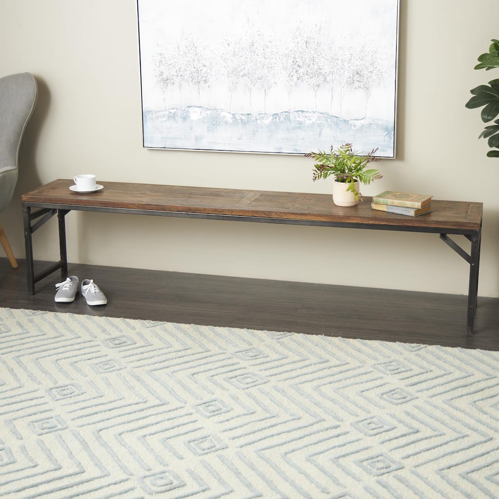 Dark Brown Teak Wood Long Home Bench with Black Metal Legs