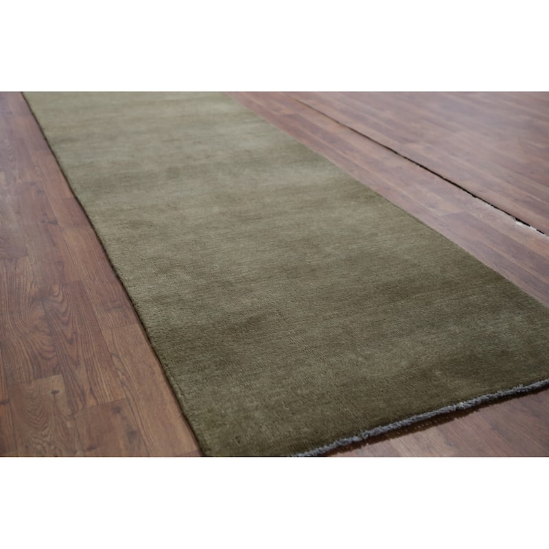 Hand Knotted Oriental 100% Wool Carpet Modern Solid Green Gabbeh Runner Rug - 8' 0'' X 2' 6''