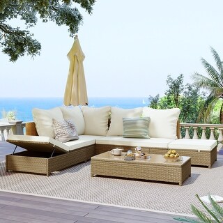 JUSKYS 7-Pieces Patio Furniture Set All-Weather Sofa Set Brown Wicker Patio Conversation Set W/ Table And Purplish-Blue Cushion OLBR8456 - The Home Depot