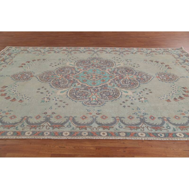Hand Knotted Oriental 100% Wool Carpet Traditional Medallion Green Tabriz Area Rug - 10' 9'' X 7' 6''