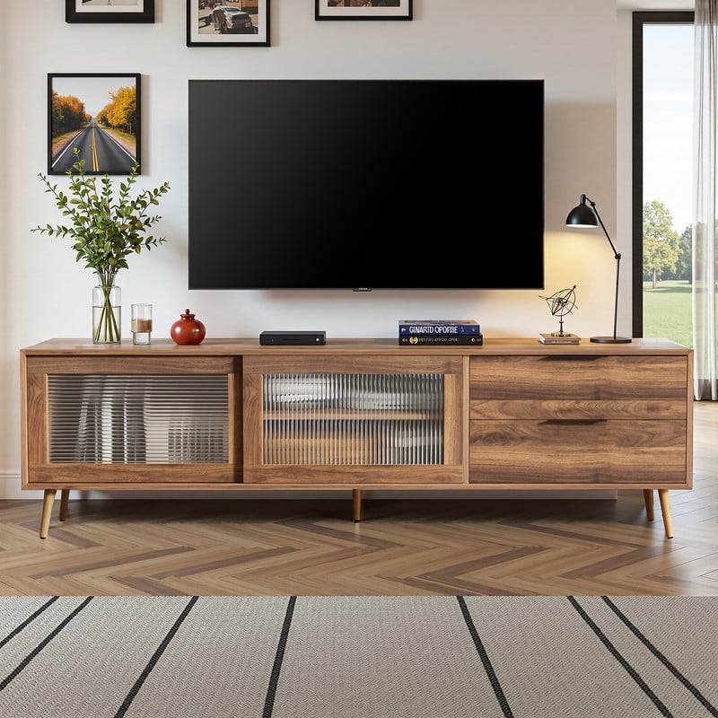 Modern TV Stand for TVs Up to 75", Media Console with Glass Doors, Drawers & Storage Cabinet