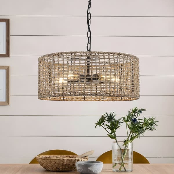 20" Large Rattan Chandelier 6-Light Coastal Vintage Farmhouse Hand-Woven Boho