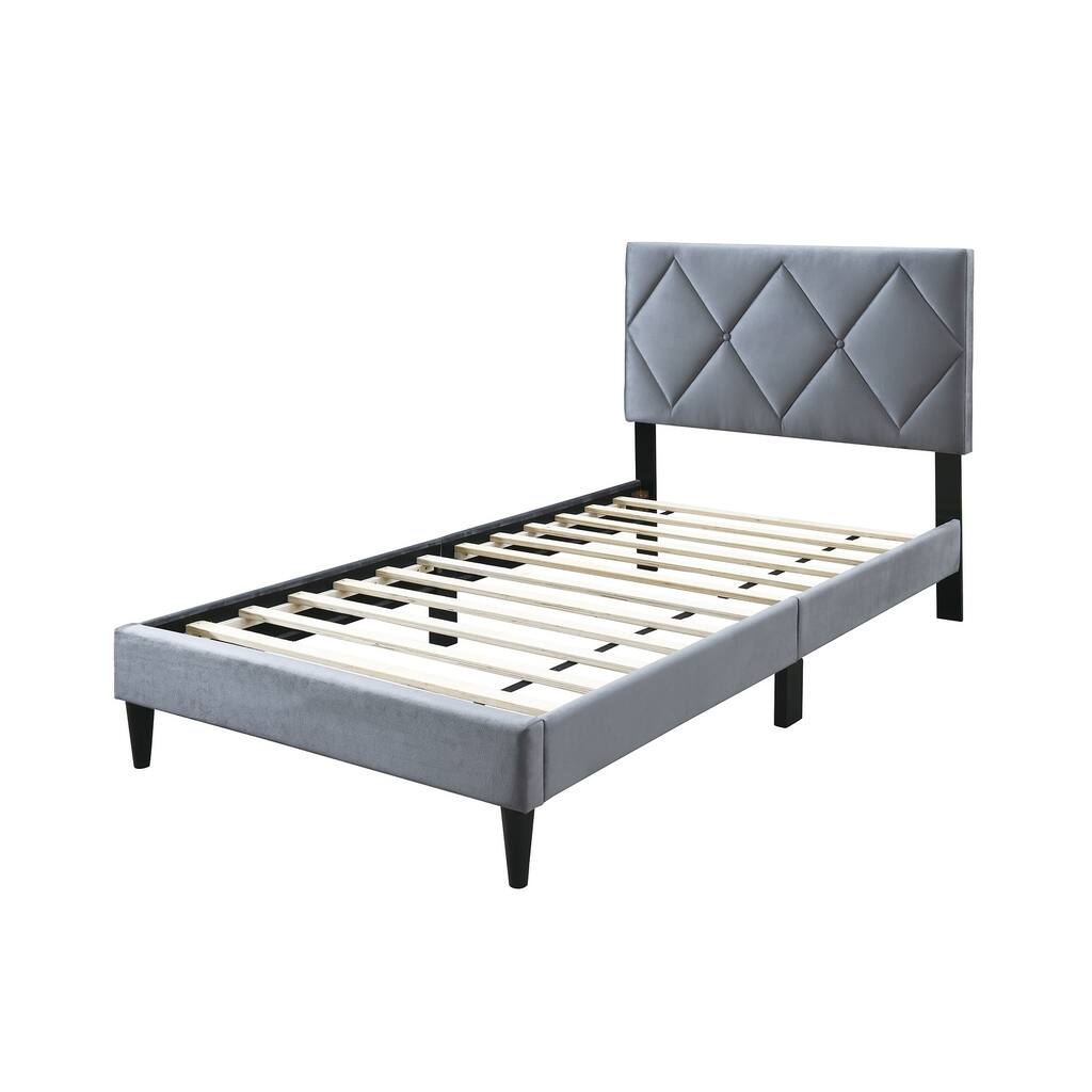 Twin Size Bed w Adjustable Headboard 1pc Bedframe, Grey Velvet Upholstered Youth Bedroom Furniture