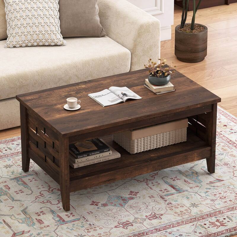Costway 39.5” 2-Tier Coffee Table with Open Shelf Woven Decorations - See Details