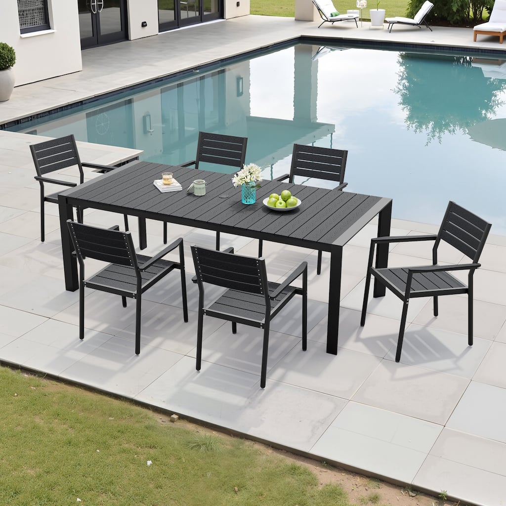 7-Piece Outdoor Patio Dining Set Rectangle Dining Table with Umbrella Hole and Stackable Chairs