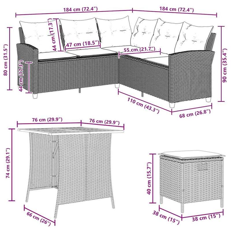 vidaXL Garden Sofa Set Black, Cream White - 29.9 x 29.9 x 29.1