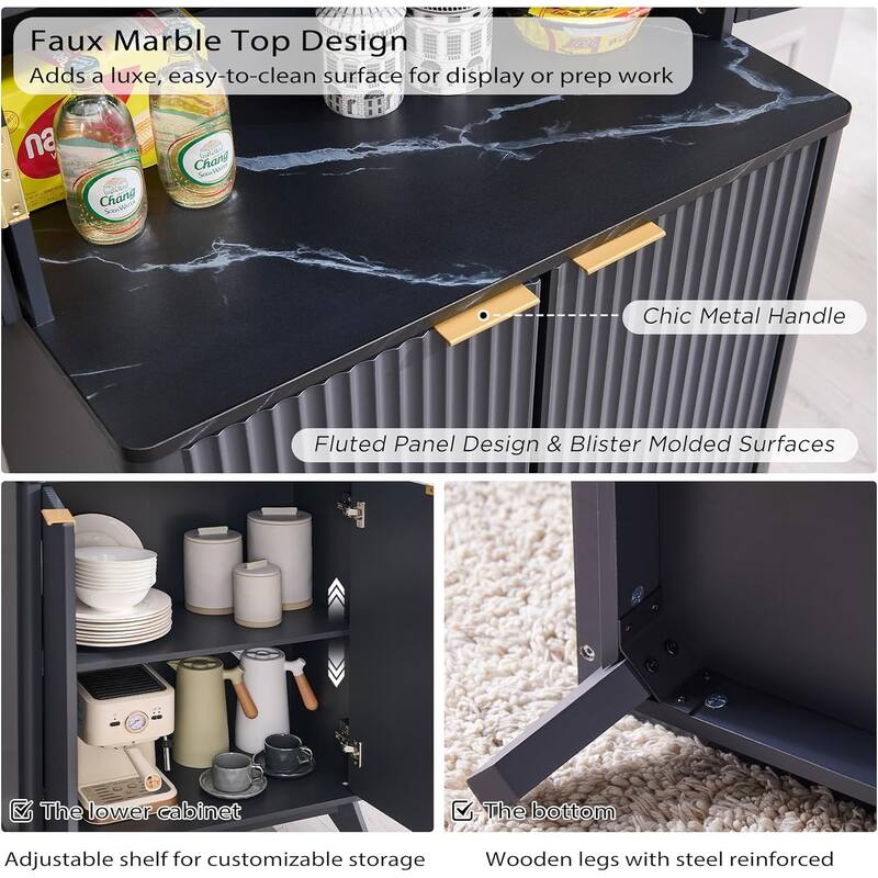 Fluted Pantry Storage Cabinet, Spacious Dual-Zone Wood Organizer