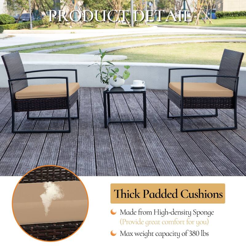 3-PC Outdoor Wicker Conversation Set w/ 2 Cushions, Glass Coffee Table