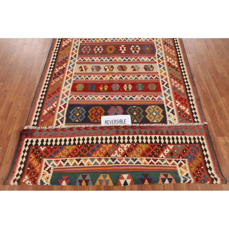 Vegetable Dye Striped Kilim Qashqai Persian Vintage Wool Carpet - 4'11"x 8'0"