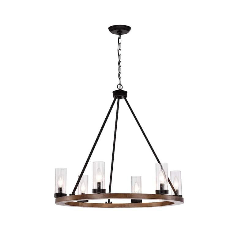 Daniela Natural Wood and Antique Black Metal Bubble Glass Chandelier