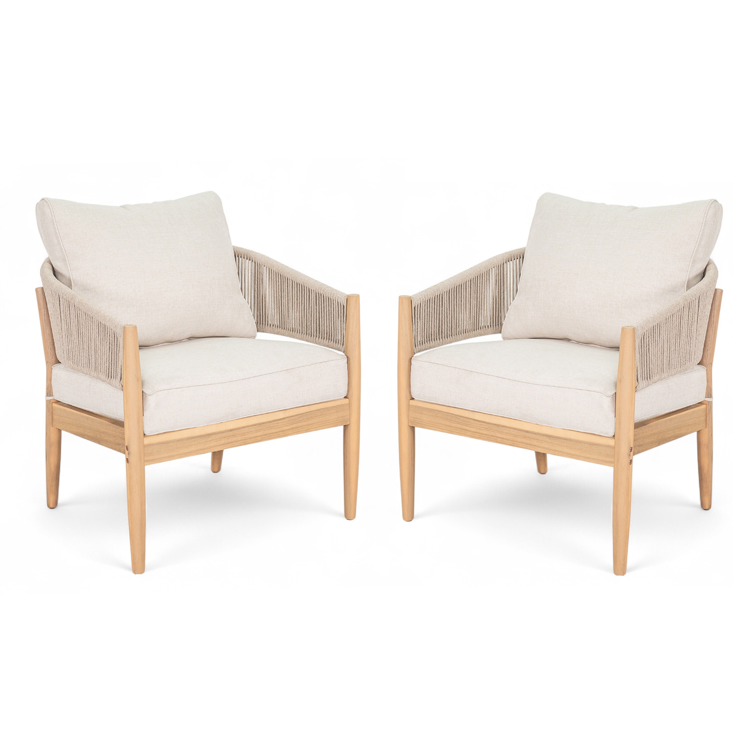 Outdoor Patio Acacia Wood club chair, Natural Finish Wood, Beige cushion