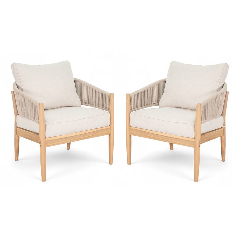 Roomfitters Verona Outdoor Acacia Wood Club Chairs with Rope Detail, Natural Finish and Beige Set of 2 - Set of 2